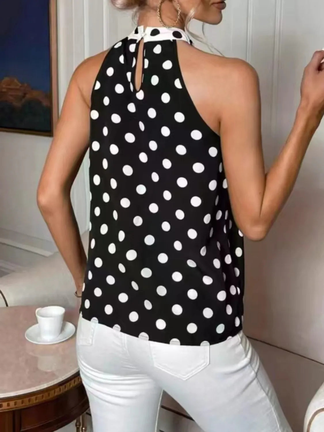 Black polka dot halter cami back with tie strap, sleeveless
