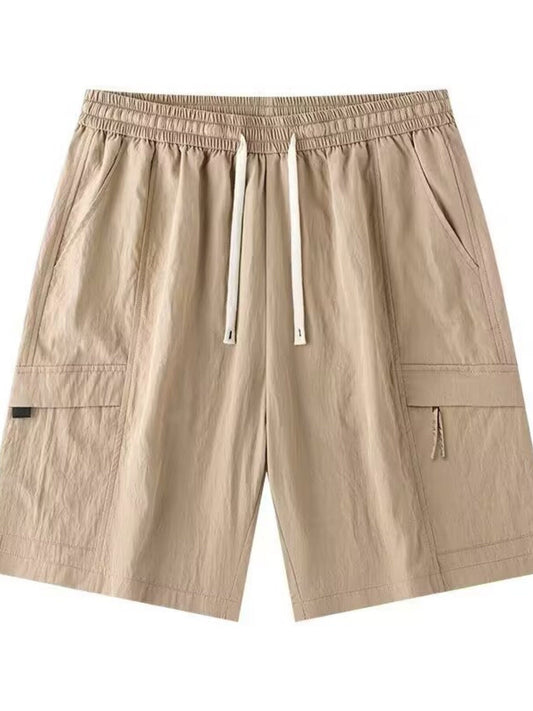 Khaki relaxed cargo shorts with elastic waistband and drawstring, side cargo pockets