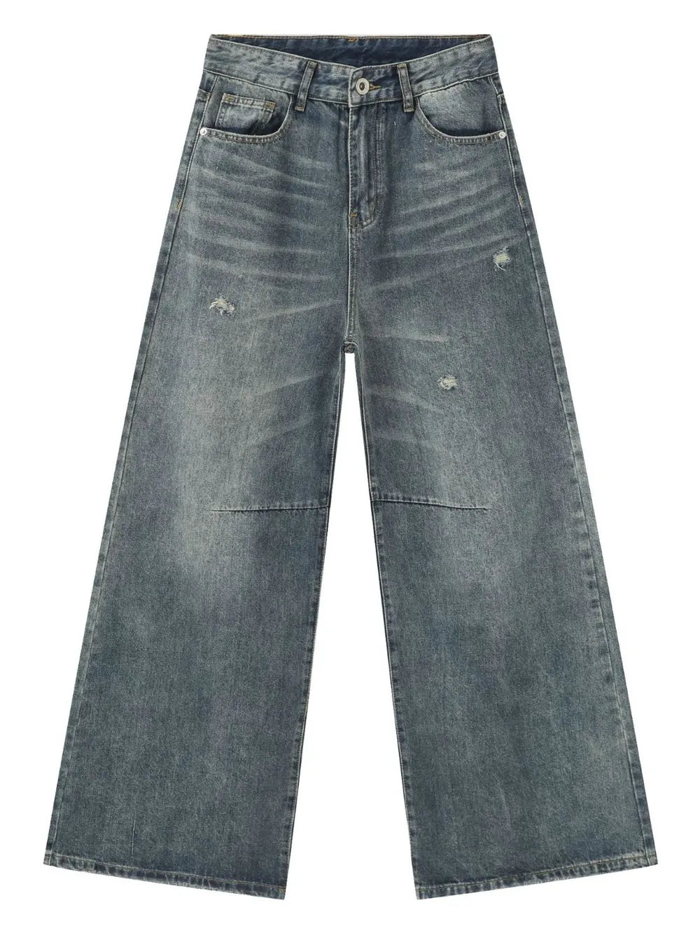Medium-wash wide-leg jeans, flat front view, distressed finish, button fly
