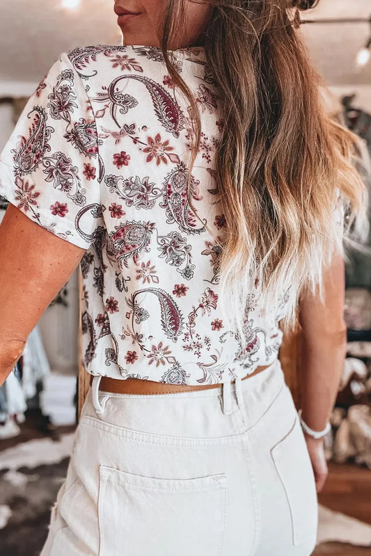 Floral paisley mock neck T-shirt, white with burgundy and gray back print