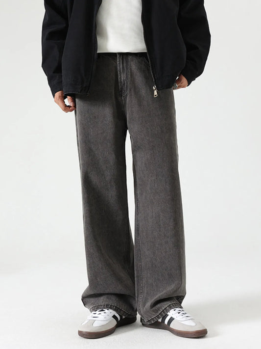 Washed wide-leg jeans in dark gray denim with front fly and side pockets