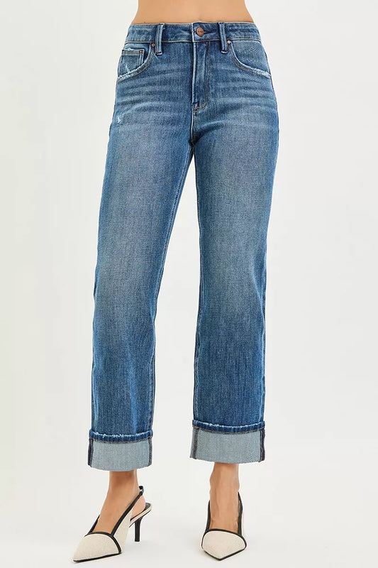Medium blue slouchy straight jeans with cuffed hems, front pockets and button fly