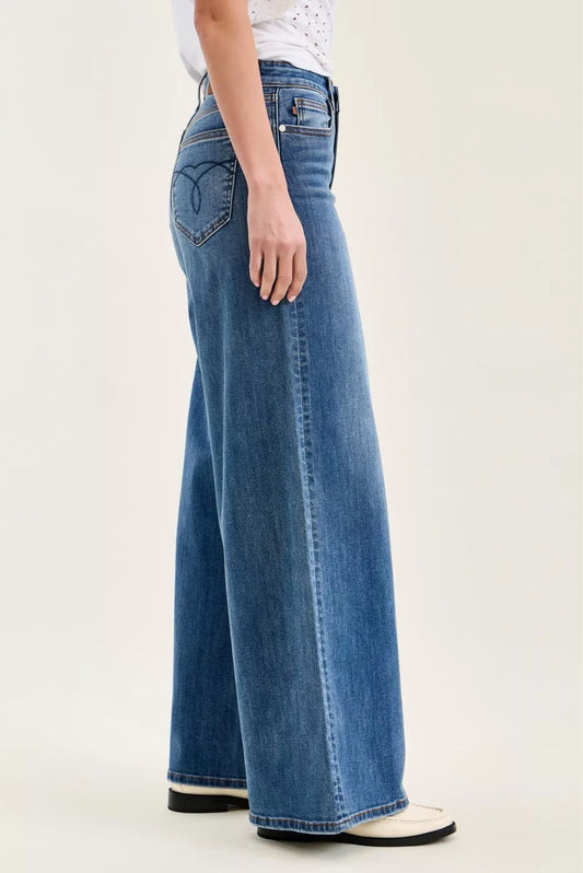 Judy Blue high-waist palazzo jeans, side view with back pocket detail