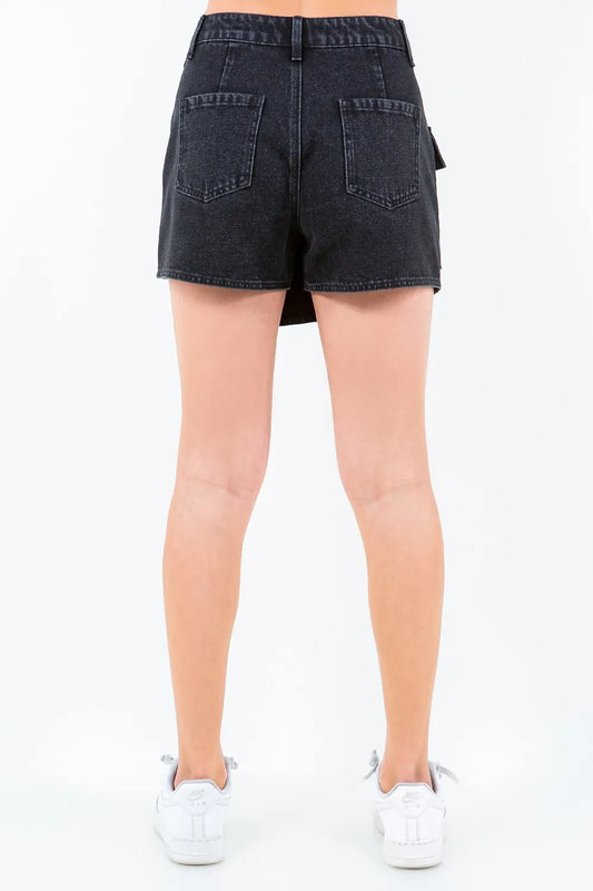 Black denim mini skort with two back patch pockets and back waistband zipper
