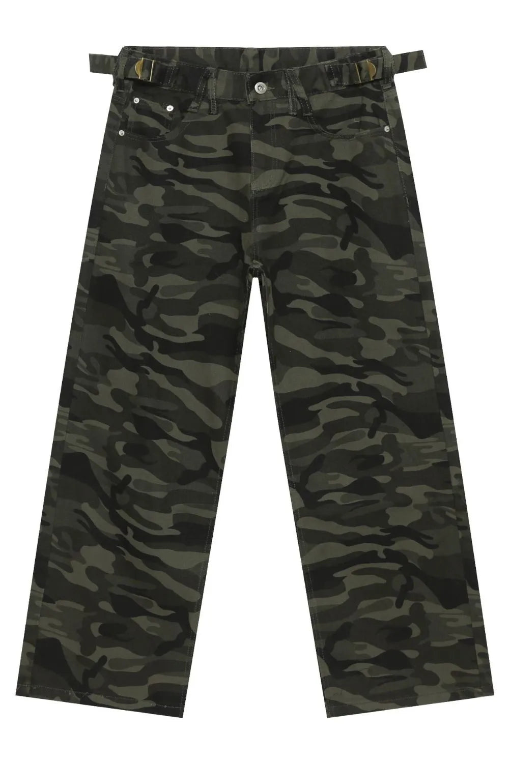 Camouflage jeans with button front and belt loops; dark camo pattern