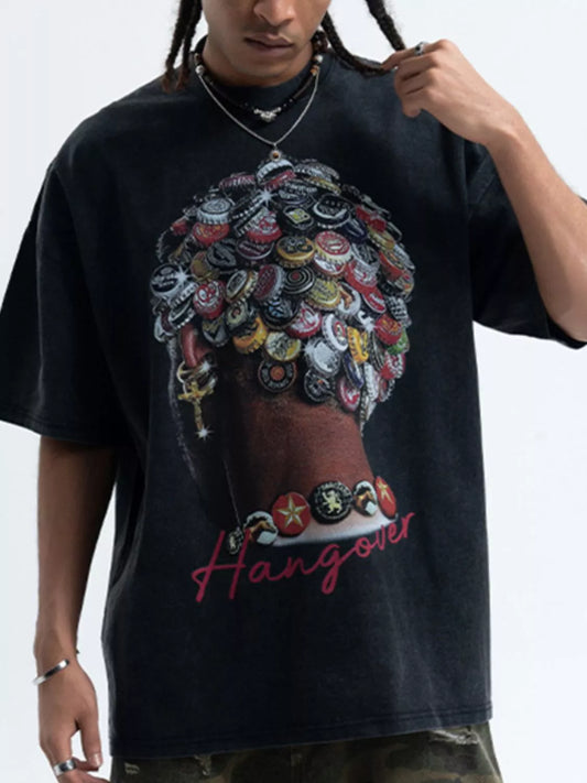 Vintage wash round-neck T-shirt in dark with short sleeves and Hangover graphic