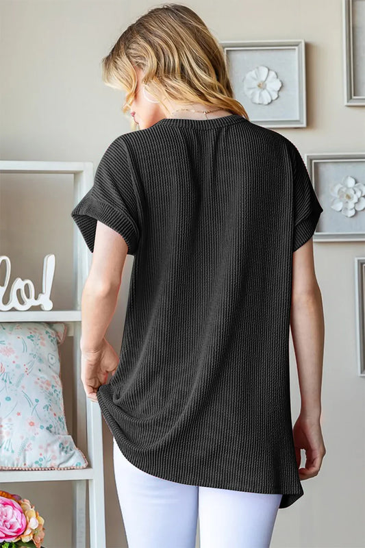 Black ribbed short-sleeve top, back view