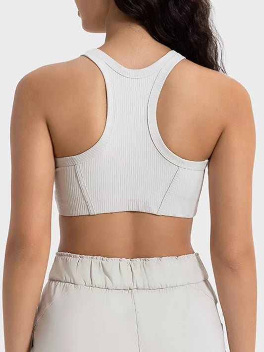 White ribbed cropped sport tank, racerback style with wide straps, back view