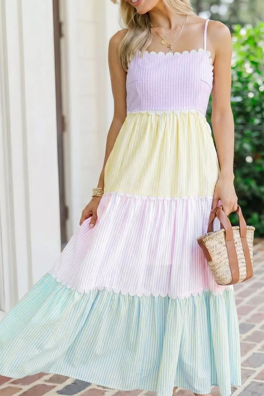 Tiered long dress with adjustable spaghetti straps, scalloped trim in lavender, cream, pink, blue.