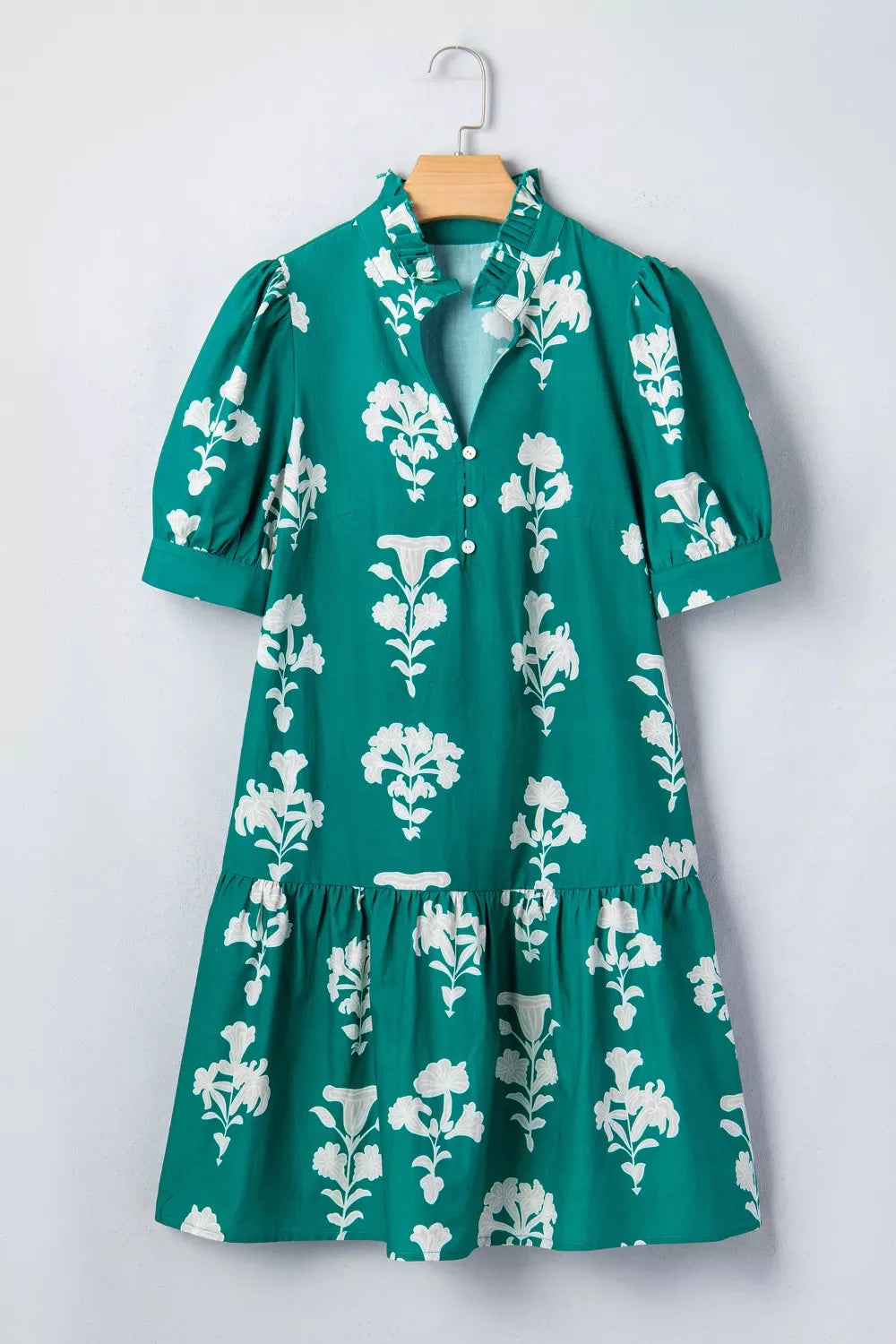 Turquoise floral mini dress with frilled V-neck and tiered ruffle hem