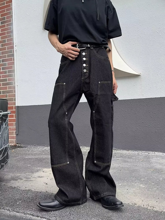 Black wide-leg jeans with button fly and stacked cargo pockets, contrast stitching