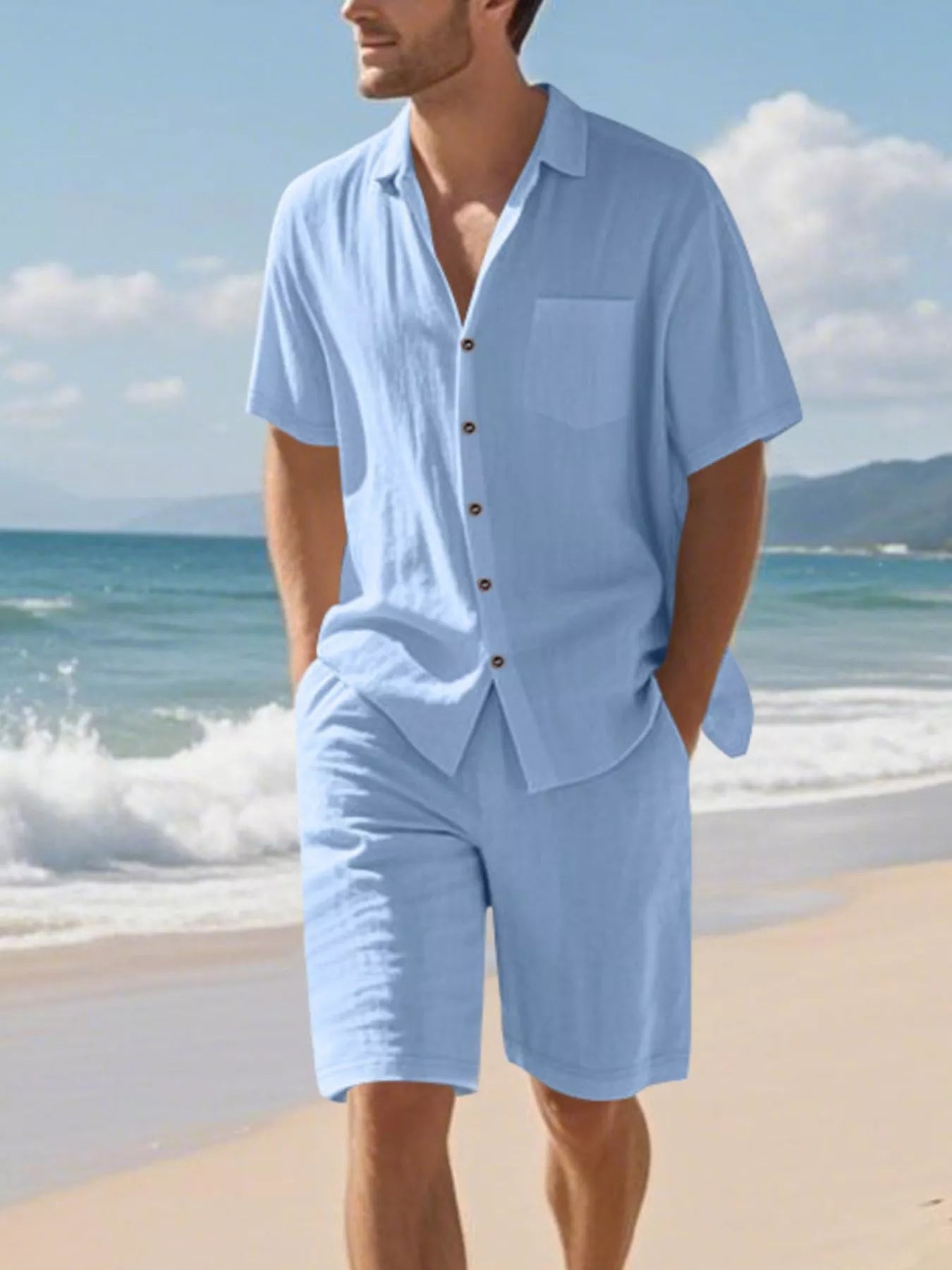 Men's light blue short-sleeve button-up shirt and matching shorts set