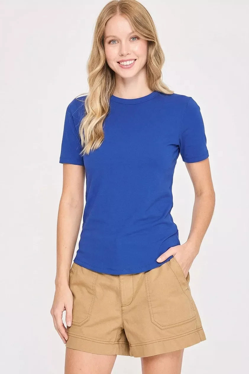 Blue crew neck fitted tee with short sleeves and straight hem