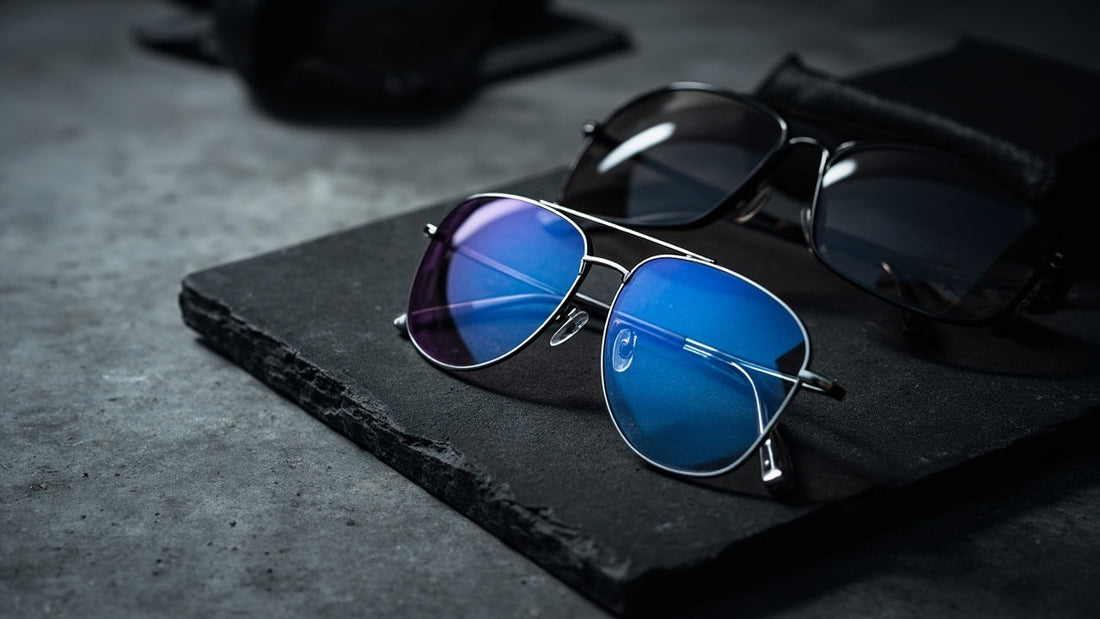 premium eyeglasses and sunglasses on dark stone with soft studio lighting