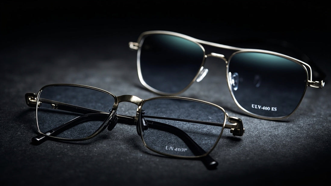 sleek eyeglasses and sunglasses on dark stone with soft studio lighting