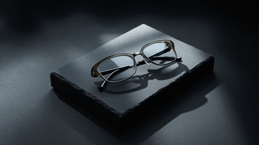 premium eyeglasses and sunglasses on dark stone with soft studio lighting
