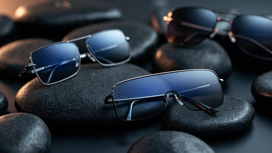 premium eyeglasses and sunglasses on dark stone with soft studio lighting