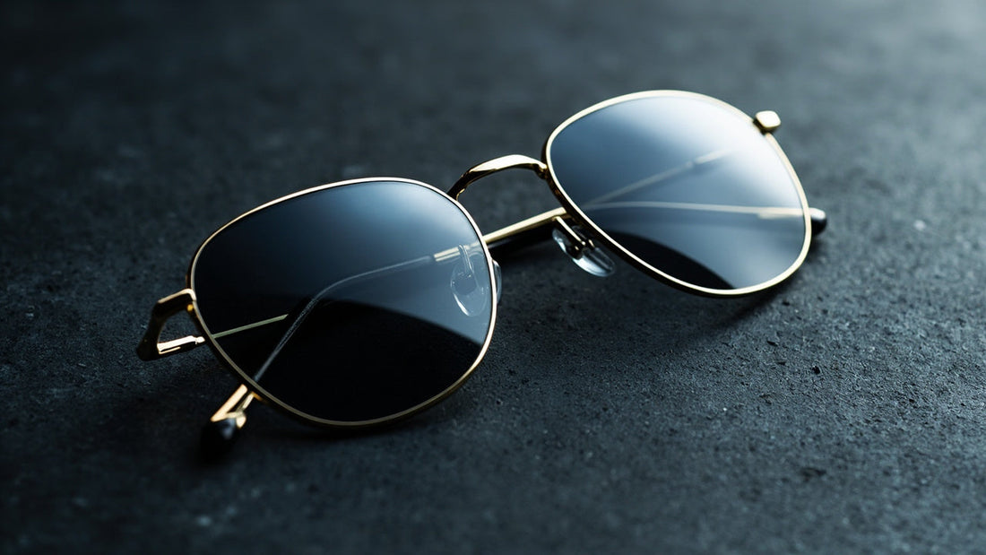 premium sunglasses and eyeglasses arranged on dark stone with soft studio lighting