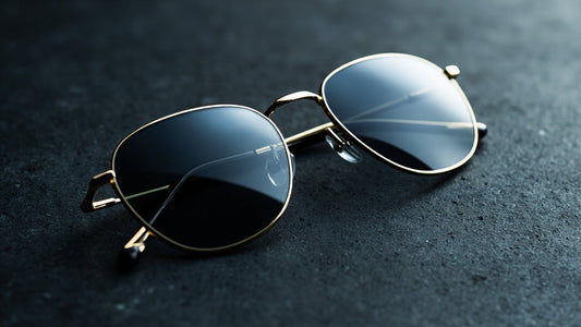 premium sunglasses and eyeglasses arranged on dark stone with soft studio lighting