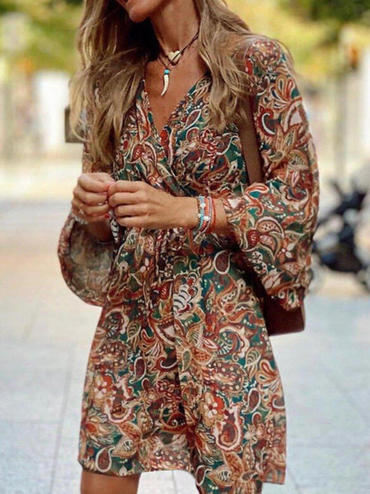 Paisley print mini dress with V-neck and balloon sleeves, brown-toned multicolor pattern