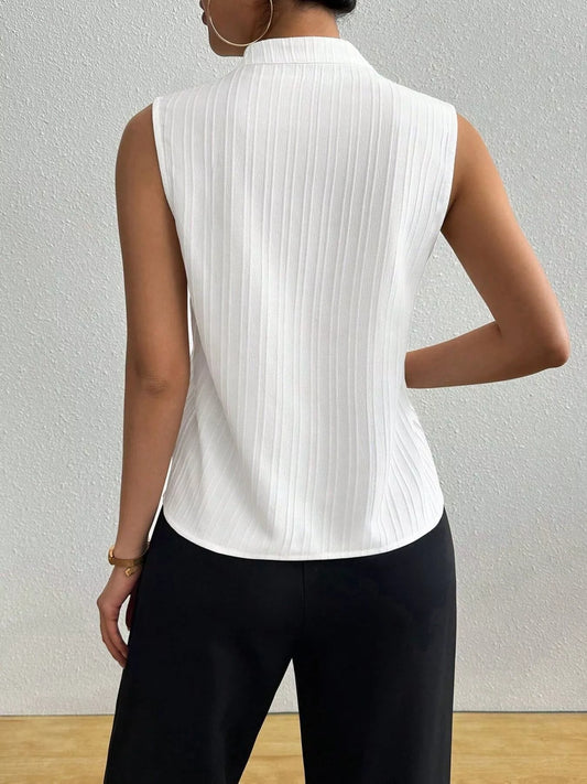 White notched sleeveless top back with vertical textured stripes