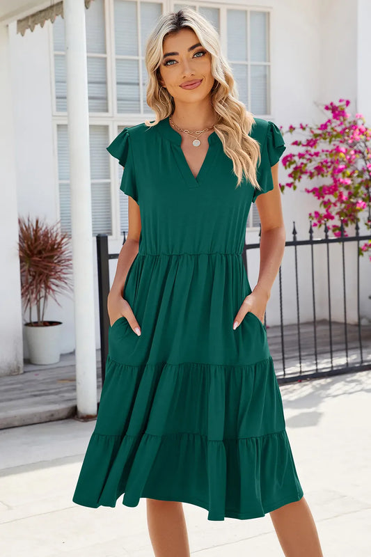 Dark green V-neck cap-sleeve tiered midi dress, gathered waist