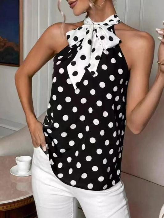 Black polka dot halter cami with tie bow neckline, sleeveless