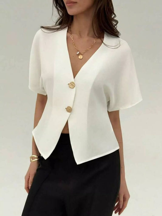 White V-neck button-up short sleeve shirt with gold buttons and open front