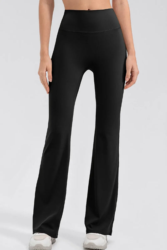Black high-waist bootcut active leggings with wide waistband